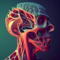 3d ilustração do abstrato humano cabeça com esqueleto pele sobre Sombrio fundo, ai generativo imagem foto