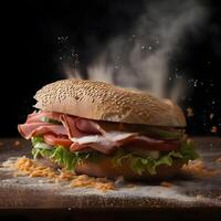 Hamburger com vôo ingredientes e salpicos em uma Preto fundo, ai generativo imagem foto