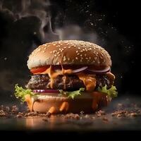 grande saboroso Hamburger com carne, queijo e legumes em Sombrio fundo, ai generativo imagem foto