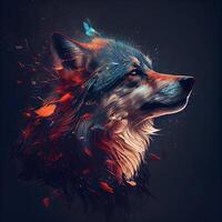 retrato do uma Lobo com vermelho e azul salpicos em uma Preto fundo, ai generativo imagem foto