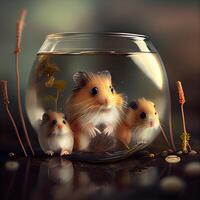 hamsters dentro uma volta vidro aquário em uma natural fundo. 3d renderizar, ai generativo imagem foto