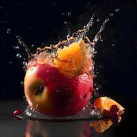 fruta espirrando para dentro água em Preto fundo, fechar acima, ai generativo imagem foto