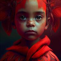 3d ilustração do uma pequeno menina com uma sangrento face e uma vermelho lenço, ai generativo imagem foto