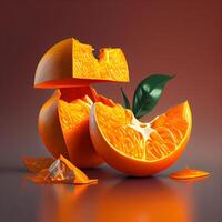 laranja fruta com folhas em uma Sombrio fundo. 3d Renderização., ai generativo imagem foto