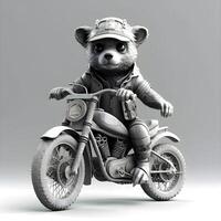 fofa pequeno Urso em uma moto. 3d ilustração., ai generativo imagem foto