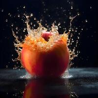 fruta espirrando para dentro água em uma Preto fundo. saudável comida., ai generativo imagem foto