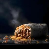 burrito com carne e legumes em uma Preto fundo. cópia de espaço., ai generativo imagem foto