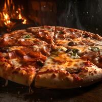 pizza com carne e queijo em uma Preto fundo com fogo., ai generativo imagem foto