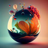 abstrato colorida 3d ilustração do uma planeta com folhas e água gotas, ai generativo imagem foto