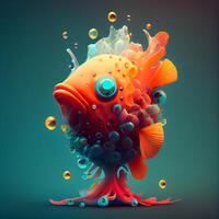 laranja peixe com bolhas em azul fundo. 3d ilustração, 3d renderizar, ai generativo imagem foto