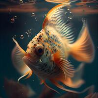 ouro peixe dentro a aquário. embaixo da agua mundo. 3d Renderização, ai generativo imagem foto