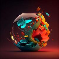 3d ilustração do a abstrato vidro esfera com flores e borboletas., ai generativo imagem foto