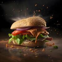 Hamburger com bacon, queijo e alface em uma de madeira mesa, ai generativo imagem foto