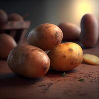 batatas em uma de madeira mesa. vintage estilo. seletivo foco., ai generativo imagem foto