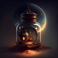 ilustração do uma Magia vidro jarra com uma casa dentro e lua dentro a fundo, ai generativo imagem foto