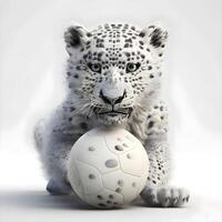 neve leopardo com uma futebol bola em uma branco fundo. 3d ilustração, ai generativo imagem foto