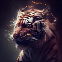 retrato do uma tigre em uma Sombrio fundo com fogo efeitos., ai generativo imagem foto
