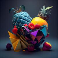 misturado fruta com Melão, melancia, mirtilo e laranja dentro 3d ilustração, ai generativo imagem foto