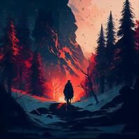 caminhada dentro a montanhas. ilustração do uma homem caminhando dentro a madeiras., ai generativo imagem foto