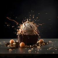 chocolate bolo com cereja e chocolate salpicos em uma Sombrio fundo, ai generativo imagem foto