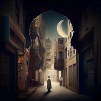 Ramadã kareem cumprimento cartão. muçulmano homem caminhando dentro a rua às noite, ai generativo imagem foto