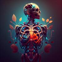 3d ilustração do uma humano esqueleto com coração e folhas, ai generativo imagem foto