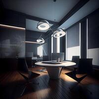 contemporâneo escritório interior com de madeira chão e Preto cadeiras. 3d Renderização, ai generativo imagem foto