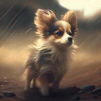 papillon cachorro dentro a chuva em uma fundo do névoa., ai generativo imagem foto