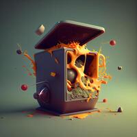 3d ilustração do uma ranhura máquina com a explosão do laranja suco, ai generativo imagem foto