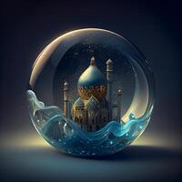 cristal bola com mesquita em Sombrio fundo. Ramadã kareem conceito., ai generativo imagem foto