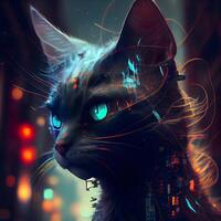 fantasia retrato do uma gato em uma Sombrio fundo. 3d Renderização, ai generativo imagem foto