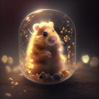 hamster dentro uma vidro jarra com bokeh fundo. 3d Renderização, ai generativo imagem foto