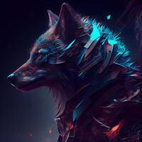 3d Renderização do uma fêmea Lobo com cyberpunk estilo em uma Sombrio fundo, ai generativo imagem foto