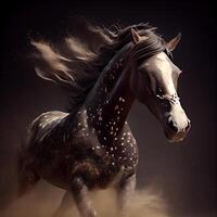 lindo cavalo com Preto juba dentro poeira em uma Preto fundo, ai generativo imagem foto