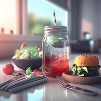 Hamburger dentro uma jarra em a mesa. 3d Renderização, ai generativo imagem foto