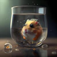 hamster dentro uma vidro tigela com água gotas em uma Sombrio fundo, ai generativo imagem foto