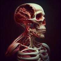humano esqueleto anatomia com vermelho sangue embarcações em Sombrio fundo. 3d Renderização foto