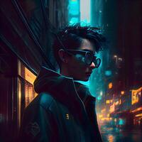 retrato do uma jovem homem dentro uma futurista cidade às noite. foto
