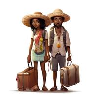 ilustração do uma casal do turistas com uma mala de viagem em uma branco fundo foto