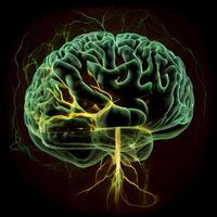 humano cérebro com elétrico poder, 3d ilustração, isolado em Preto fundo foto