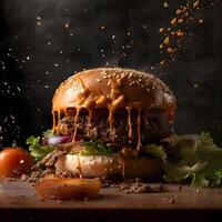queijo hamburguer com vôo ingredientes em uma de madeira borda em uma Sombrio fundo foto