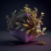 3d render do uma pequeno plantar com roxa flores em uma Sombrio fundo foto