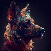 ilustração do uma alemão pastor cachorro com abstrato colorida padronizar em a face. foto