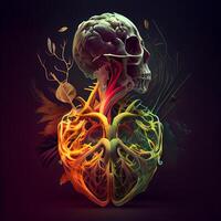 humano coração anatomia. 3d render em Sombrio fundo. ilustração. foto