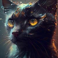 fantasia retrato do uma Preto gato com laranja olhos. 3d Renderização foto