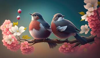 pequeno pássaros sentar em uma ramo do cereja flores. Primavera tempo.. criada com generativo ai foto