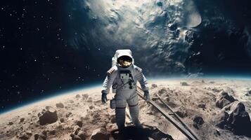 3d realista, a astronauta dentro uma traje espacial moscas dentro espaço contra a fundo do a planeta.. criada com generativo ai foto