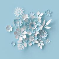 abstrato branco papel flores, nupcial ramalhete, pastel floral fundo, decorativo Projeto elementos isolado em azul ai generativo foto