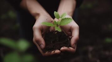 ai generativo. ai generativo. fotografia conceito do homem segurando terra com uma pequeno verde brilhando plantinha este é brotando. foto do Novo vida começando inspiração. gráfico arte