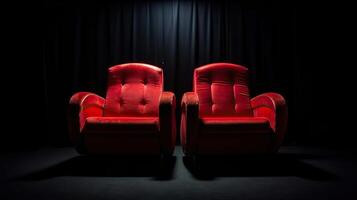 ai gerado. ai generativo. romântico amor dois cadeiras para adorável casal às privado cinema filme teatro fechar acima fotografia. gráfico arte foto